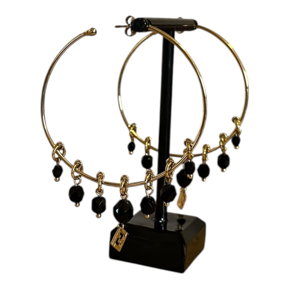 Fendi Gold Hoop Earrings with Black Bead Charms - Picture 3 of 7
